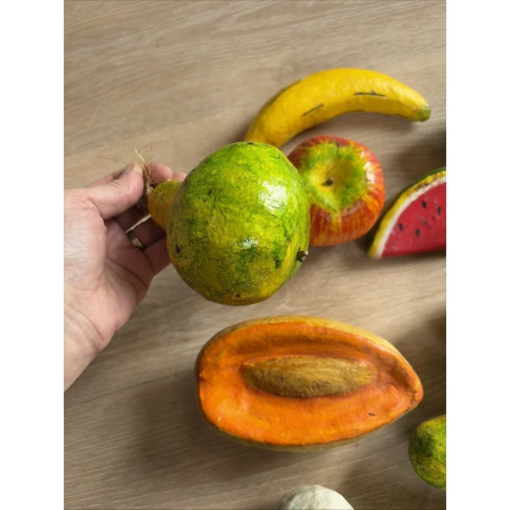 Vintage Paper Mache Fruit And Vegetables Set Of 16 Colorful And Funky‎ + Basket